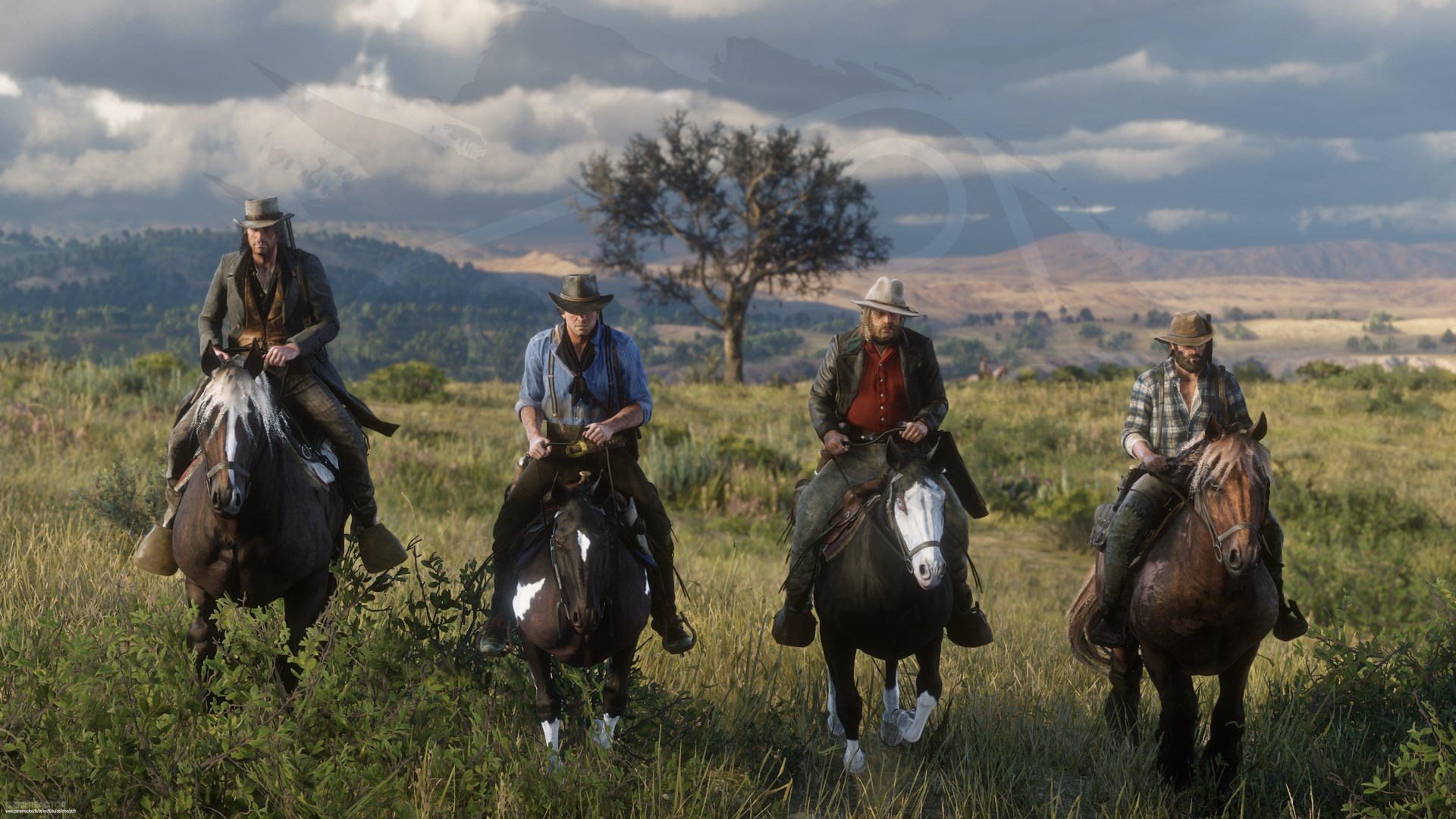 Una captura de Red Dead Redemption II en la que se ven cuatro jinetes.