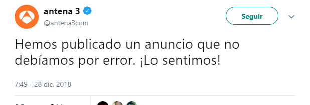 El tweet que puso Antena 3 tras cometer su error